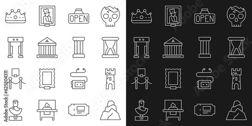 Set line Rock stones, Castle tower, Old hourglass with sand, Hanging sign Open, Museum building, Metal detector, King crown and Ancient column icon. Vector