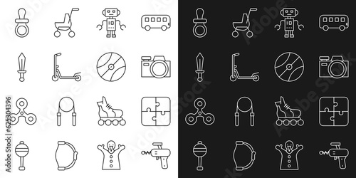 Set line Ray gun, Puzzle pieces toy, Photo camera, Robot, Scooter, Sword, Baby dummy pacifier and Basketball ball icon. Vector