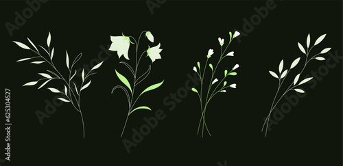 Hand drawn wild field flora, flowers, leaves, herbs, plants, branches. Minimal floral botanical line art.  Vector illustration for logo or tattoo, invitations, save the date card.