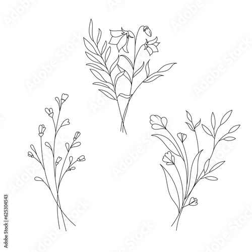 Hand drawn wild field flora  flowers  leaves  herbs  plants  branches. Minimal floral botanical line art.  Vector illustration for logo or tattoo  invitations  save the date card.
