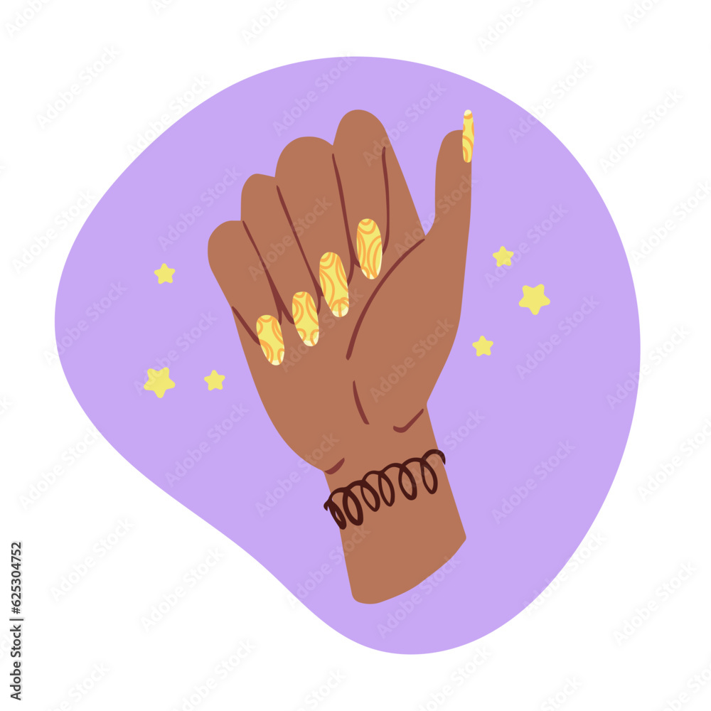 Female hand with colored manicured nails. Nails design. Hand drawn colored modern vector illustration isolated on white background Female hand with colored manicured nails. Nails design. Hand drawn colored modern vector illustration isolated on white background