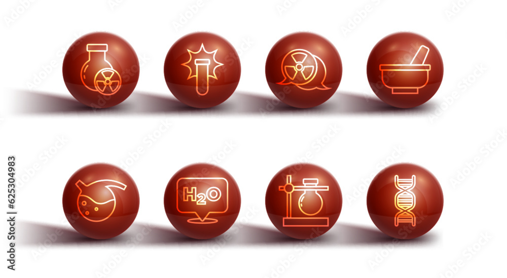 Set line Test tube radiation, and flask, Mortar pestle, stand, Chemical formula for H2O, explosion, DNA symbol and Radioactive icon. Vector Set line Test tube radiation, and flask, Mortar pestle, stand, Chemical formula for H2O, explosion, DNA symbol and Radioactive icon. Vector