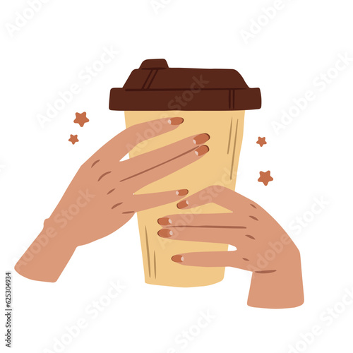 Female hands with red manicured nails holding cup of coffee. Nails design. Concept of beauty. Hand drawn colored modern vector illustration isolated on white background