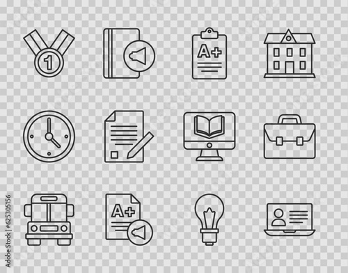 Set line School Bus, Online class, Exam sheet with A plus grade, Medal, and pencil, Light bulb idea and Briefcase icon. Vector