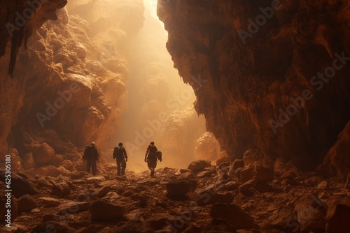 Photograph of people exploring natural caves, Generative AI