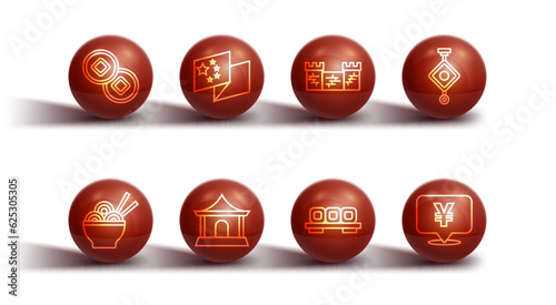 Set line Chinese Yuan currency, Asian noodles bowl, paper lantern, Sushi on cutting board, house, China flag, and Great wall of icon. Vector