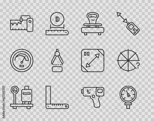 Set line Scale with suitcase, Pressure water meter, Scales, Corner ruler, Measuring instrument, Drawing compass, Digital thermometer and Circle of pieces icon. Vector