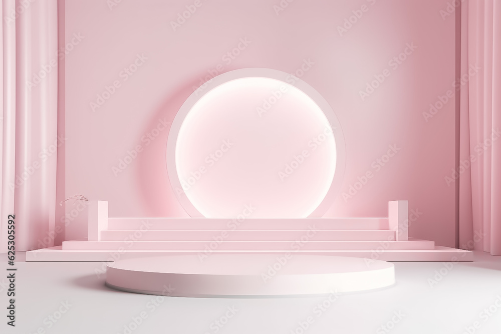 Pink Pastel Old-Rose Style, Display mock up 3D luxury stage with LED light and simple shape decoration around it. generative AI
