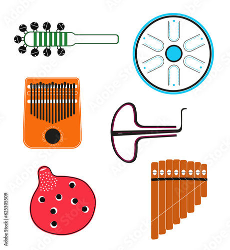 Illustration collection of musical instruments, handpan, bell stick, jew's harp, kalimba, ocarina and pan flute concert