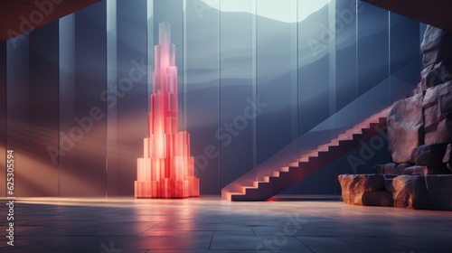 CINEMATIC SHOT, REAL OBJECTS AN ARTIIFICIAL FLOWER IS WOVEN BETWEEN THE WALLS, IN THE STYLE OF COLORFUL ABSTRACT LANDSCAPES, SOU FUJIMOTO, MARCIN SOBAS,