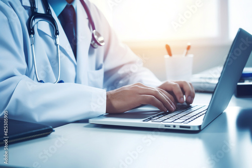 doctor or pharmacist hand working with laptop computer and writing paperwork on work table in hospital or clinic, medical technology, disease treatment and health care concept, Generative AI