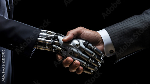 Partnership. business people and robot handshake on dark background, business relationship, job interview, investor, consultant, negotiation, partnership and teamwork concept, Generative AI