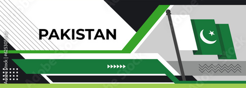 Pakistan national day banner, flag colors background and geometric abstract modern green white design. Pakistani flag independence day corporate business theme. Islamabad Vector Illustration.