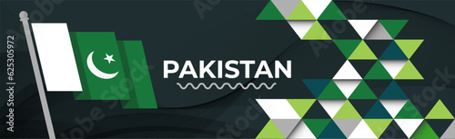 Pakistan national day banner, flag colors background and geometric abstract modern green white design. Pakistani flag independence day corporate business theme. Islamabad Vector Illustration.