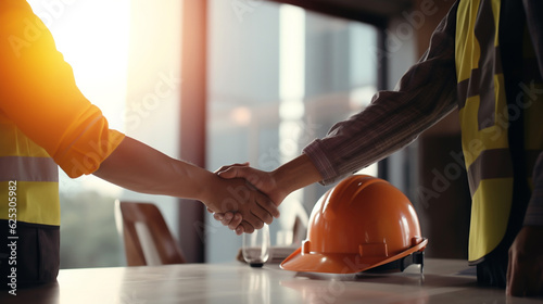 construction worker team hand shaking after consultation meeting start up plan new project contract in office center at construction site, teamwork, partnership and contractor concept, Generative AI