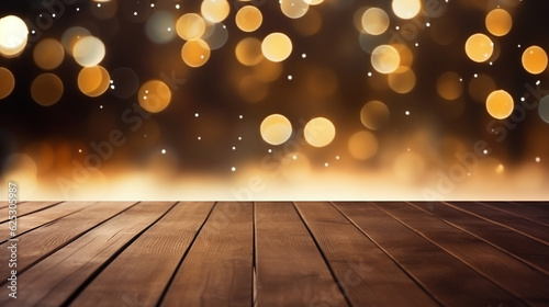 empty brown wooden floor or wood board table with abstract night light bokeh of night festival in garden background, copy space for display of product or object presentation, Generative AI