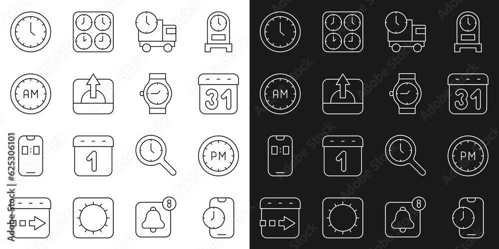 Set line Alarm clock app mobile, Day time, Calendar, Delivery truck and, Sunrise, Morning, Clock and Wrist watch icon. Vector