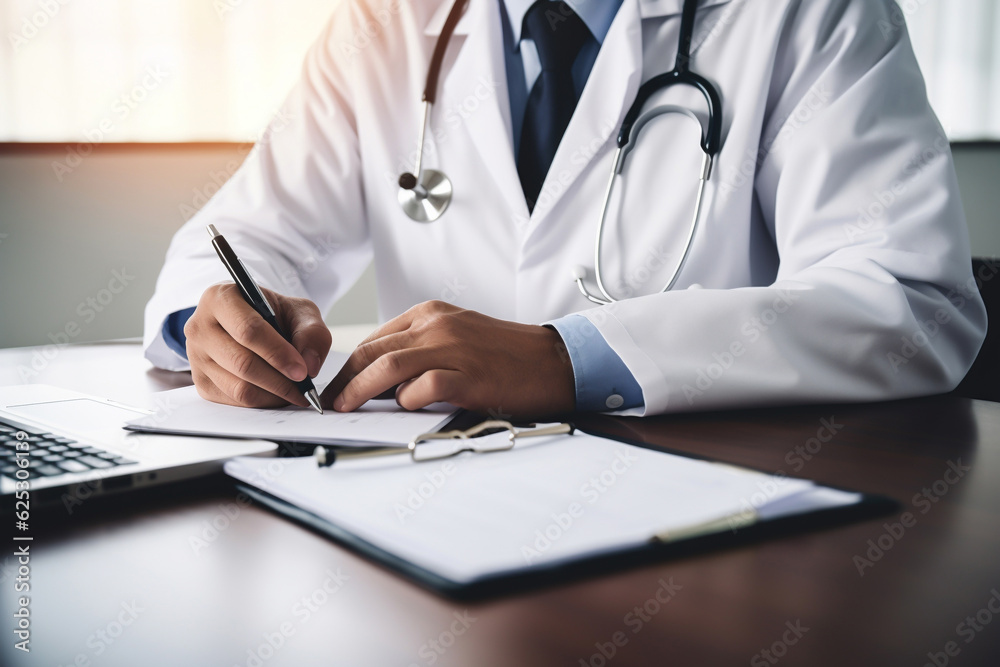 doctor or pharmacist hand working with laptop computer and writing paperwork on work table in hospital or clinic, medical technology, disease treatment and health care concept, Generative AI doctor or pharmacist hand working with laptop computer and writing paperwork on work table in hospital or clinic, medical technology, disease treatment and health care concept, Generative AI