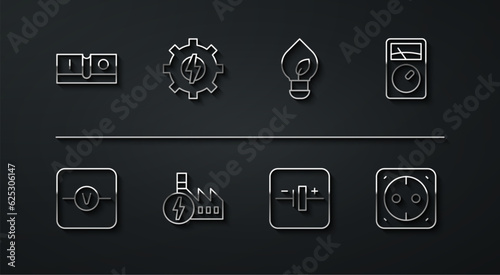 Set line Electric light switch, Voltmeter, Ampere meter, multimeter, DC voltage source, Nuclear power plant, Gear and lightning, Electrical outlet and Light bulb with leaf icon. Vector