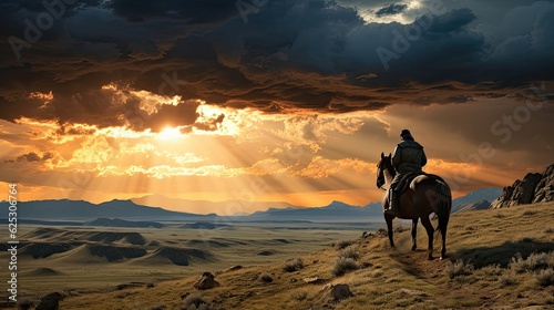 a person riding a horse on a desert landscape
