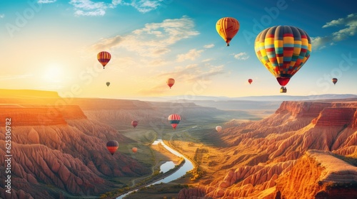 Fotografiet a group of hot air balloons flying over a canyon