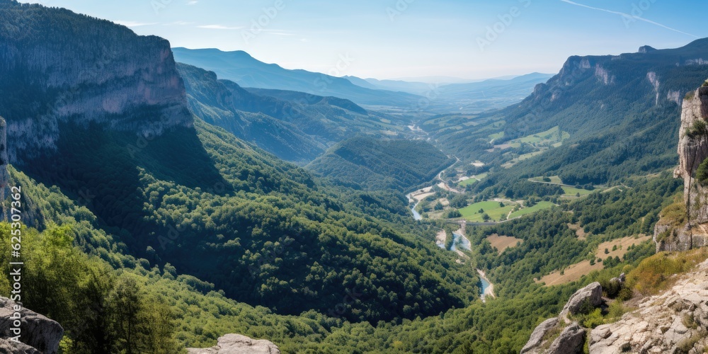 a valley with trees and mountains