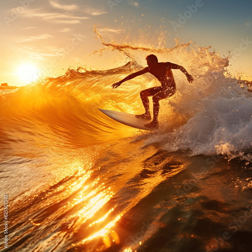 surf on sunset sea ,surfer silhouette on sunset sea water wave splash on sun light flares © Aleksandr