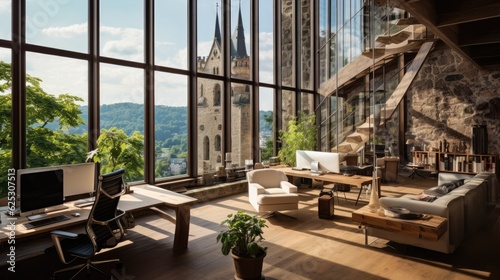 a room with a desk and chairs and a window with large windows