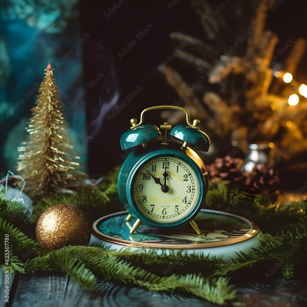 New Year's clock next to the Christmas tree and golden baubles. Dark and blurred background. Tick ​​tock. Happy New Year and Merry Christmas.