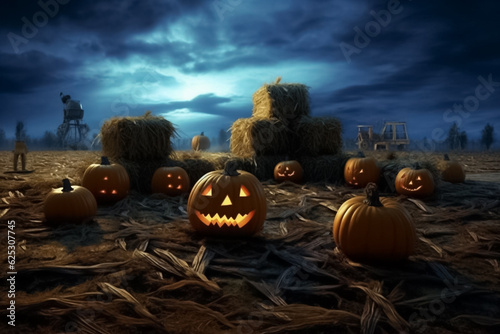 Halloween pumpkins Devil on dry rice straw in Horrow Halloween night. Generative AI.