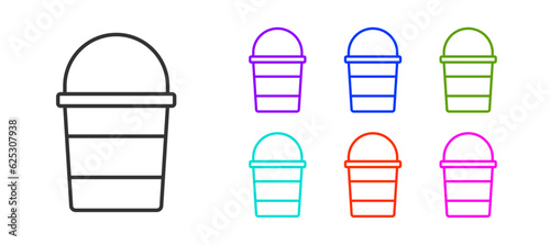Black line Fire bucket icon isolated on white background. Metal bucket empty or with water for fire fighting. Set icons colorful. Vector