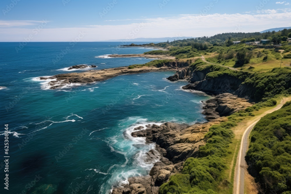 a beach with blue water and green hills