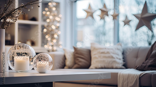 Stylish Christmas scandinavian minimalistic interior with white decor.