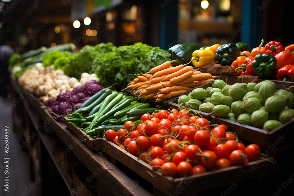 Gemüseverkauf - verschiedene Gemüsearten in der Gemüseabteilung auf einem Holztisch. Generative AI.