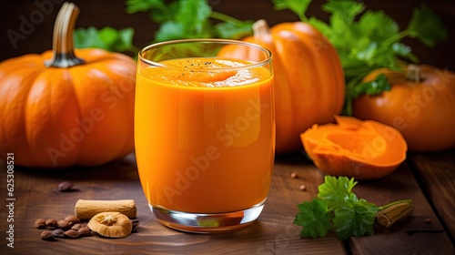  a glass of orange juice next to a bunch of pumpkins.  generative ai