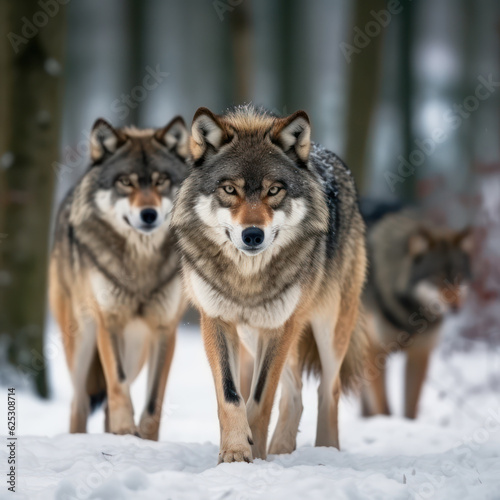 Fototapeta Ein hungriges Wolfsrudel im Schnee auf der Suche nach Beute