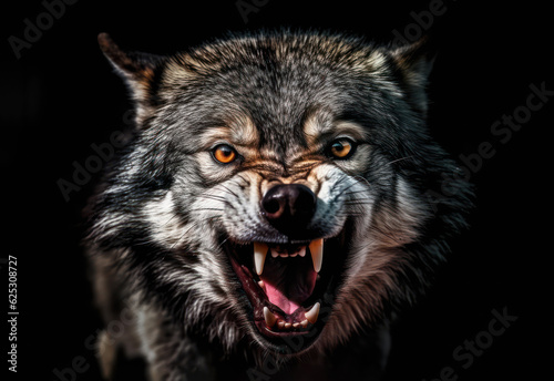 Wolf zeigt drohend seine Reißzähne - Wolfporträt vor dunklem Hintergrund. Generative AI. photo