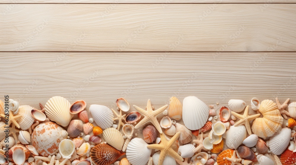 a pile of different types of sea shells on a wooden surface