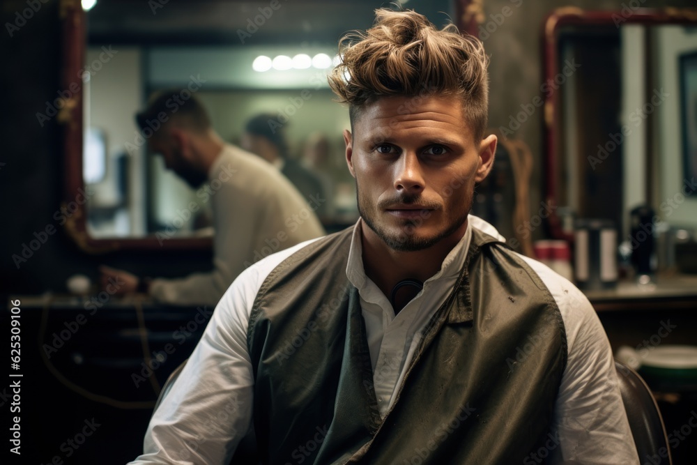 a handsome model man with a beard in the hairdresser barbershop salon gets a new haircut trim and style it. sitting on the chair and talks to the hairstylist barber. guy looks forward. Generative AI