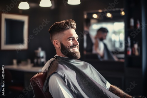 a handsome model man with a beard in the hairdresser barbershop salon gets a new haircut trim and style it. sitting on the chair and talks to the hairstylist barber. guy smiling. Generative AI