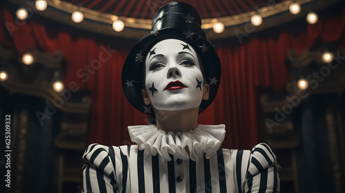 Person in mime costume and makeup wearing a black top hat looking stoic while they await the starting of a their performance.