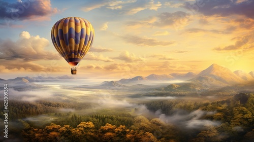  a painting of a hot air balloon flying over a forest. generative ai