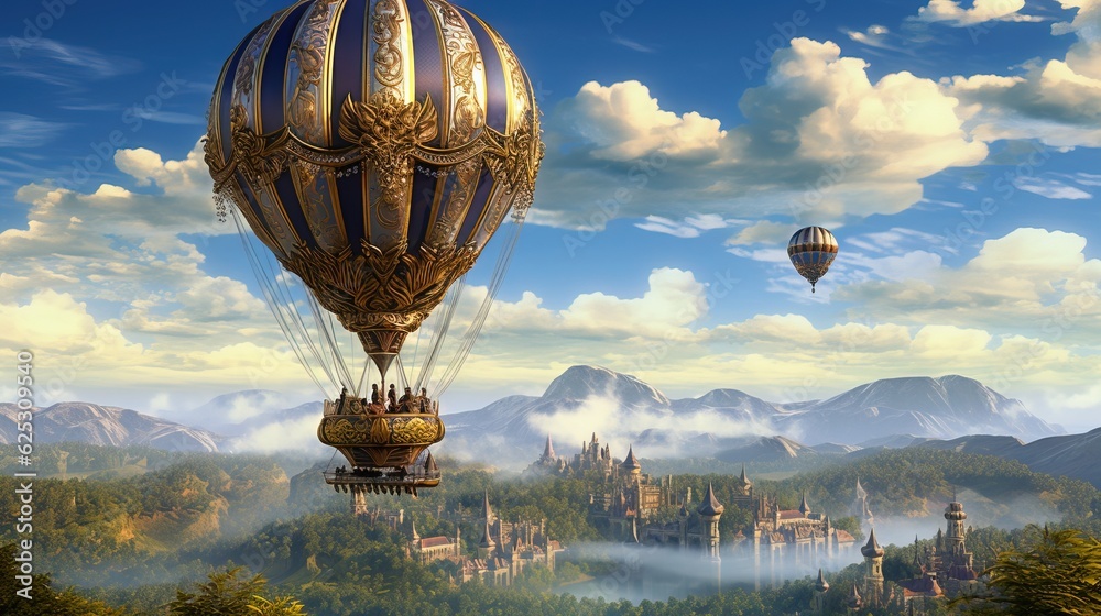  a painting of a hot air balloon flying over a city.  generative ai