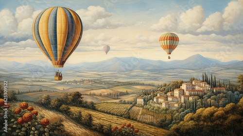 a painting of a hot air balloon flying over a town.  generative ai