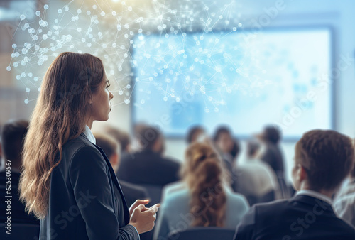 Businesswoman Speaking in front of People, Business Presantation Wallpaper - Generative Ai