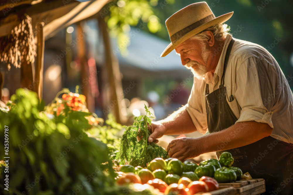 Organic farmer displays his bountiful and freshly harvested vegetables at the vibrant farmers market