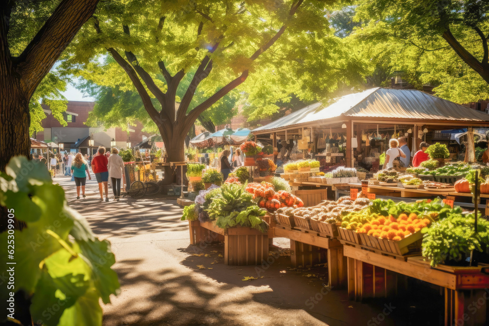 Farmers market on a sunny late summer morning, adorned with colorful stalls offering an abundance of fresh fruits, vegetables, and artisanal products