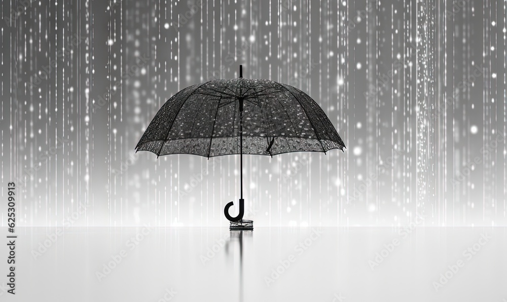  a black and white photo of an umbrella in the rain.  generative ai