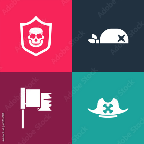 Set pop art Pirate hat, flag, bandana for head and Shield with pirate skull icon. Vector