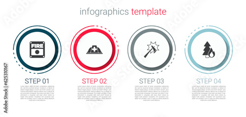 Set Fire alarm system, Firefighter helmet, axe and Burning forest tree. Business infographic template. Vector
